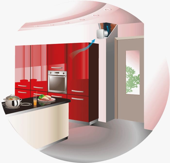 Пример монтажа вентилятора в вытяжную шахту кухни